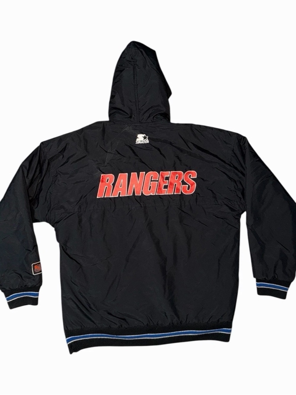 VTG 90s NHL NEW YORK RANGERS STARTER PUFFER JACKET Zip Up Hoodie SIZE M BLACK